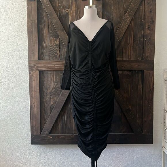 Sexy Mesh Bodycon Off Shoulder Long Sleeve Ruched Drawstring Knee Length Dress - Picture 4 of 14